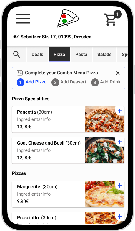 Screen 6. Select Pizza to Complete Menu